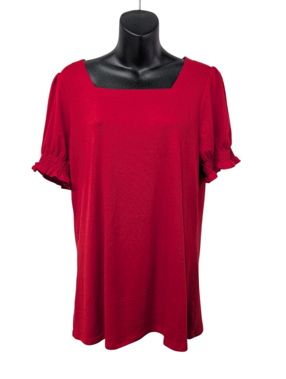 WIHOLL Womens Red Square Neck Ruffle Puff Short Sleeve Stretch Blouse Sz M NWT